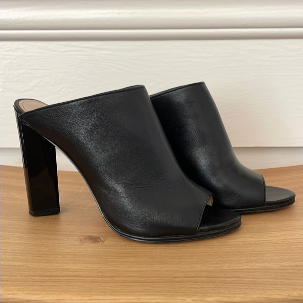 French Connection Black Leather Mules with Chunky Heel